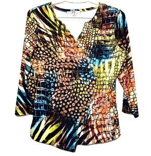 IQ Paris Womens Medium Studded Animal Print Top Asymmetrical 3/4 Sleeve